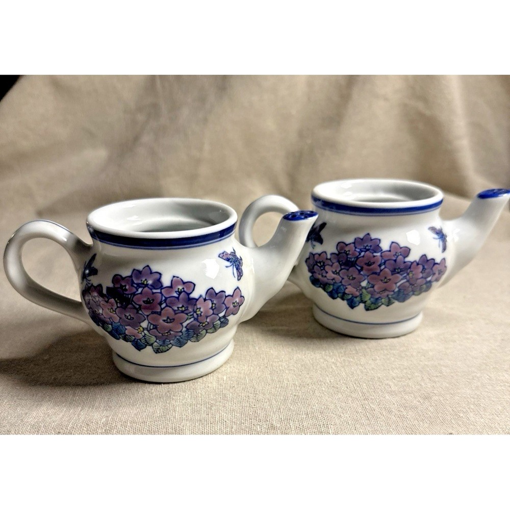Blue purple and White matching pair of water tea‎ pots water cans vases ceramic